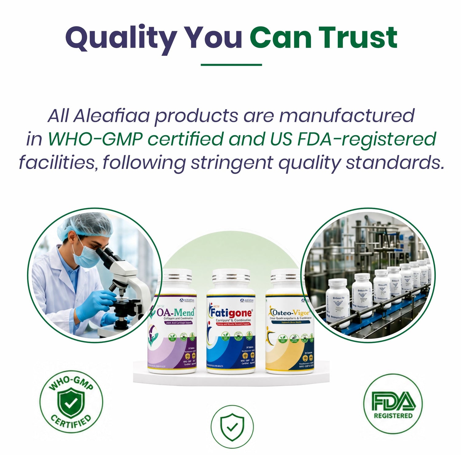 Aleafia products with quality assurance information and images of a scientist and production line.