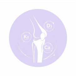 Illustration of a bone with vitamins D, K2, and Ca inside a purple circle on a white background